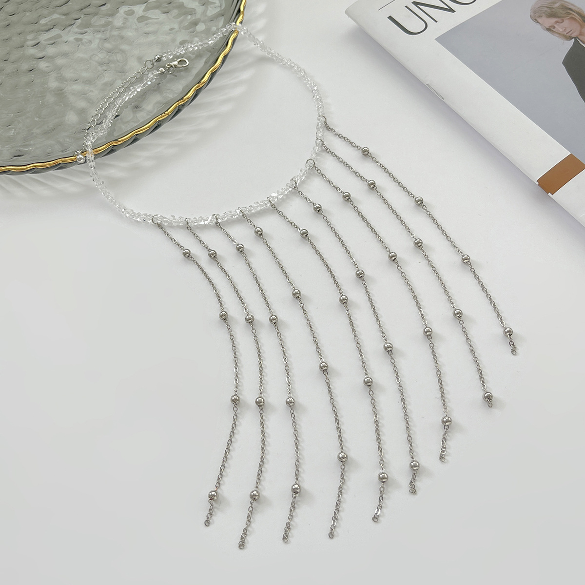 European and American cross-border jewelry design sense metal cross pendant necklace, light luxury layered pearl tassel collarbone chain Application Scenario