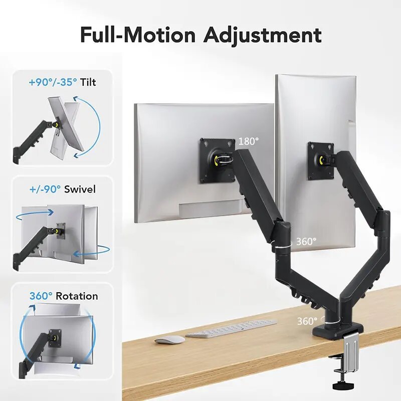 Computer monitor stand, dual-screen stand, mechanical arm, cantilever, suspended, lifting, rotating, desktop support frame base Specification drawing