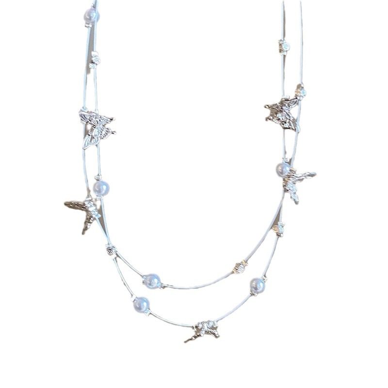 New double-layer butterfly pearl necklace for women with a light luxury and niche design collarbone chain 2024 new style Item Picture