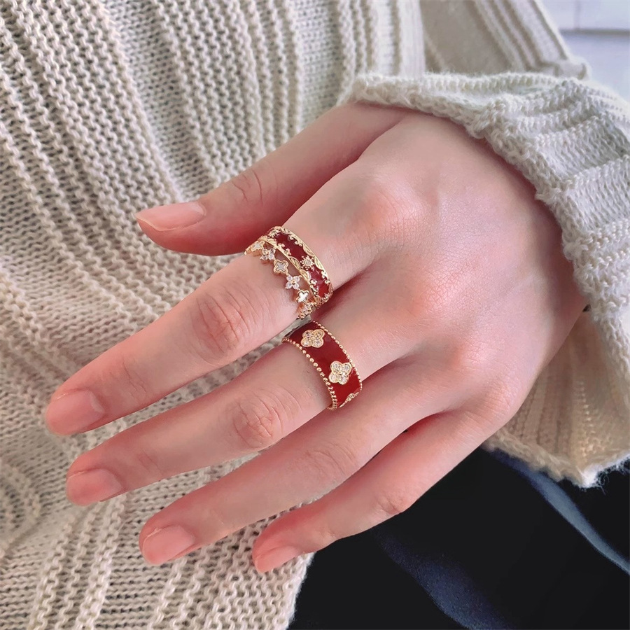 New Year's Ankela red drip glaze rose flower ring for women, exquisite, light luxury and high-end four-leaf clover open ring Item Picture