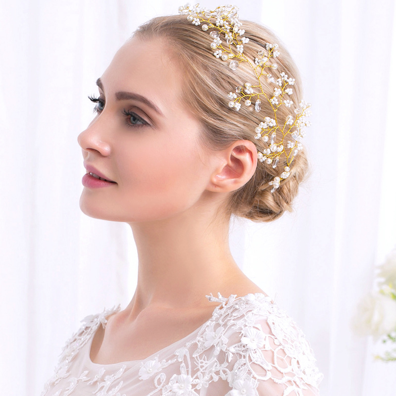 Cross-border new rice bead hair bands, European and American wedding accessories, bride's headwear, handcrafted pearl rhinestone hair accessories, hair bands wholesale details Picture
