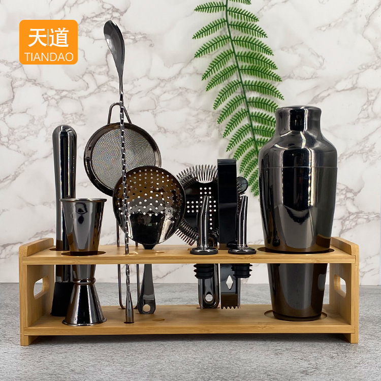 Cocktail tool set, bamboo and wood frame base cocktail shaker complete set, 304 stainless steel bar wine utensils, tools and supplies full figure