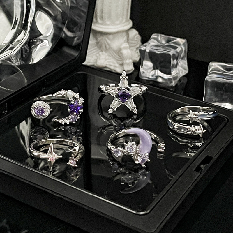 New purple diamond star and moon open ring for women on Instagram, cool and cool style, sweet and hot girl, fashionable and individual index finger ring trend details Picture
