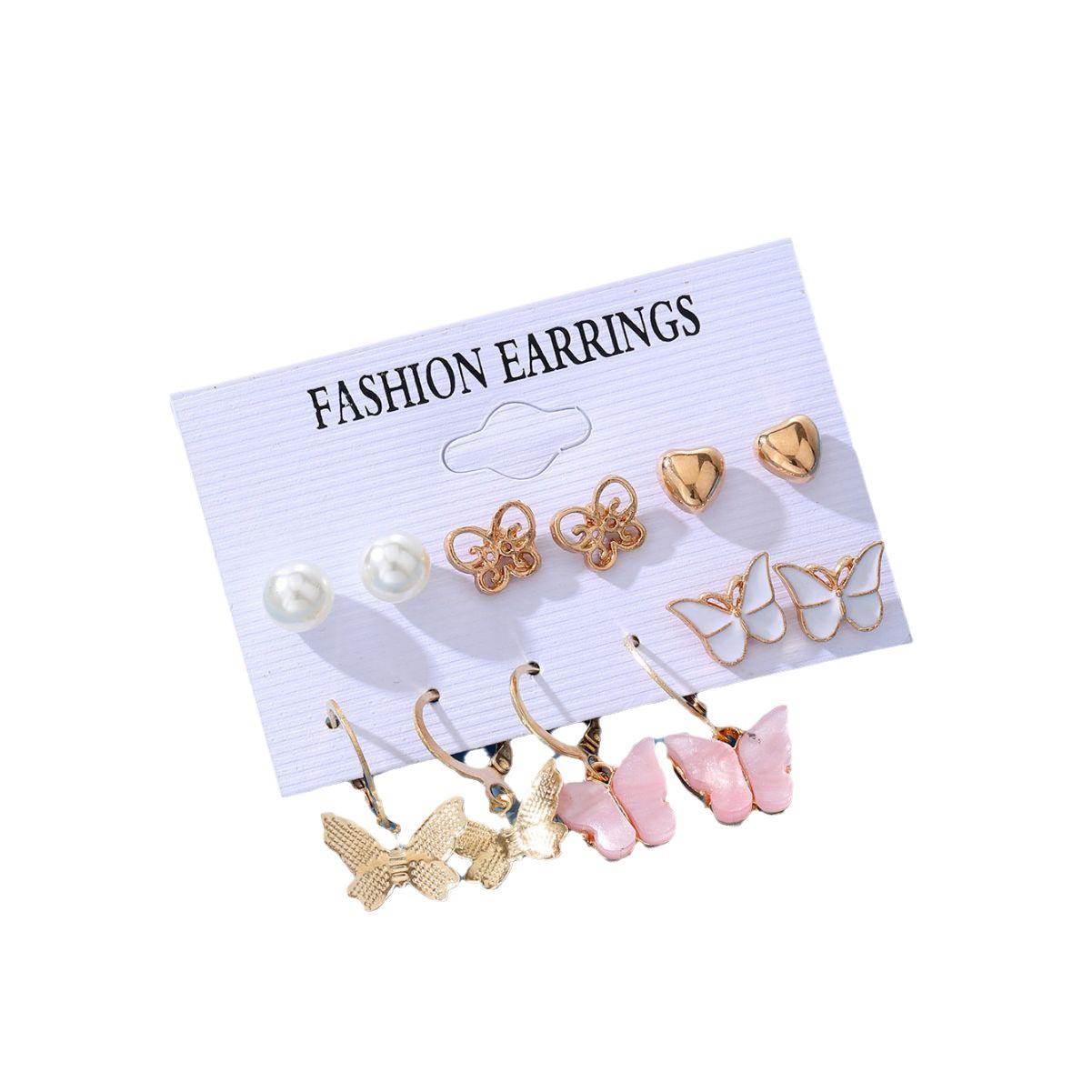 European and American cross-border creative and simple pearl heart-shaped ear rings, butterfly ear clips, retro card earrings 6-piece set batch Item Picture