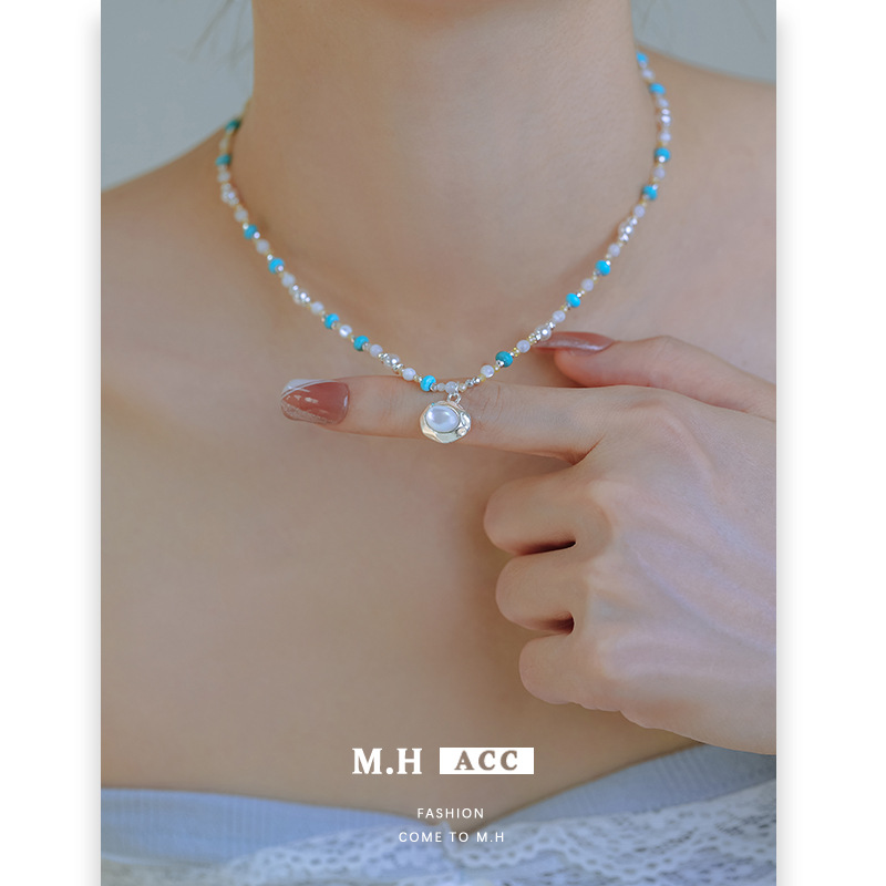 French retro turquoise beaded necklace for women, exquisite, niche, high-end and light luxury style, versatile collarbone chain and neck chain wholesale Specification drawing