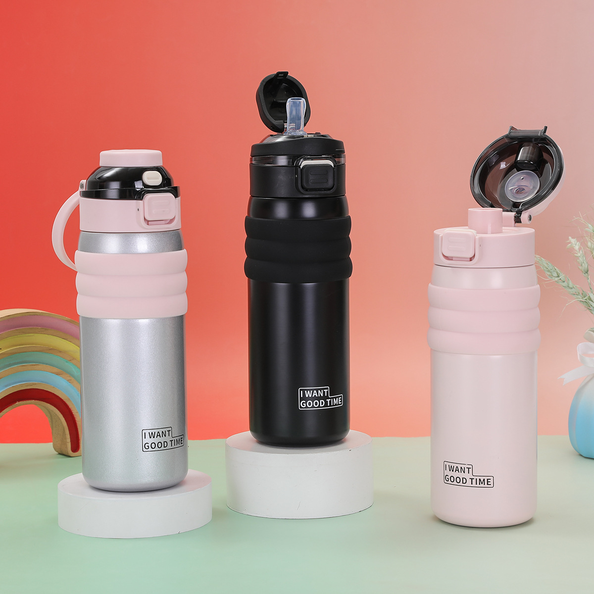 High-appearation-level women's sports water bottle, portable double-drinking, office and school insulated cup, large-capacity bouncing straw cup Specification drawing