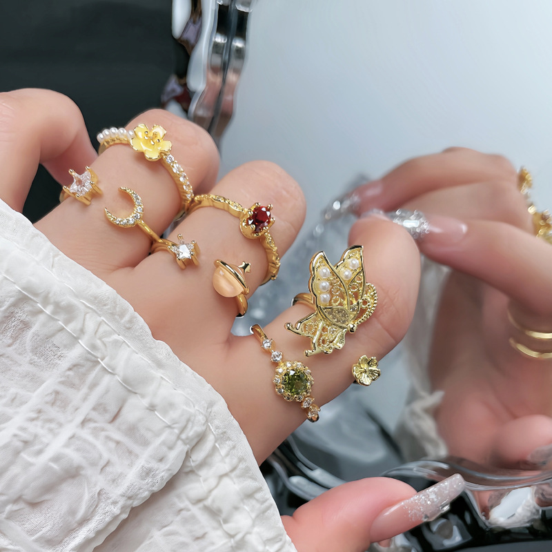 New collection of colored gemstone series: Cross-border French retro open ring, women's Instagram niche butterfly flower geometric food ring Specification drawing