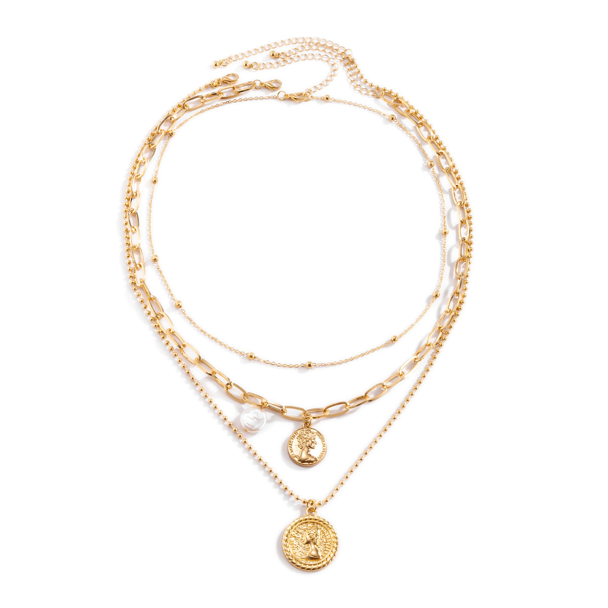 European and American cross-border accessories: Simple Baroque portrait relief necklace, female irregular-shaped imitation pearl round bead chain, neck chain Item Picture