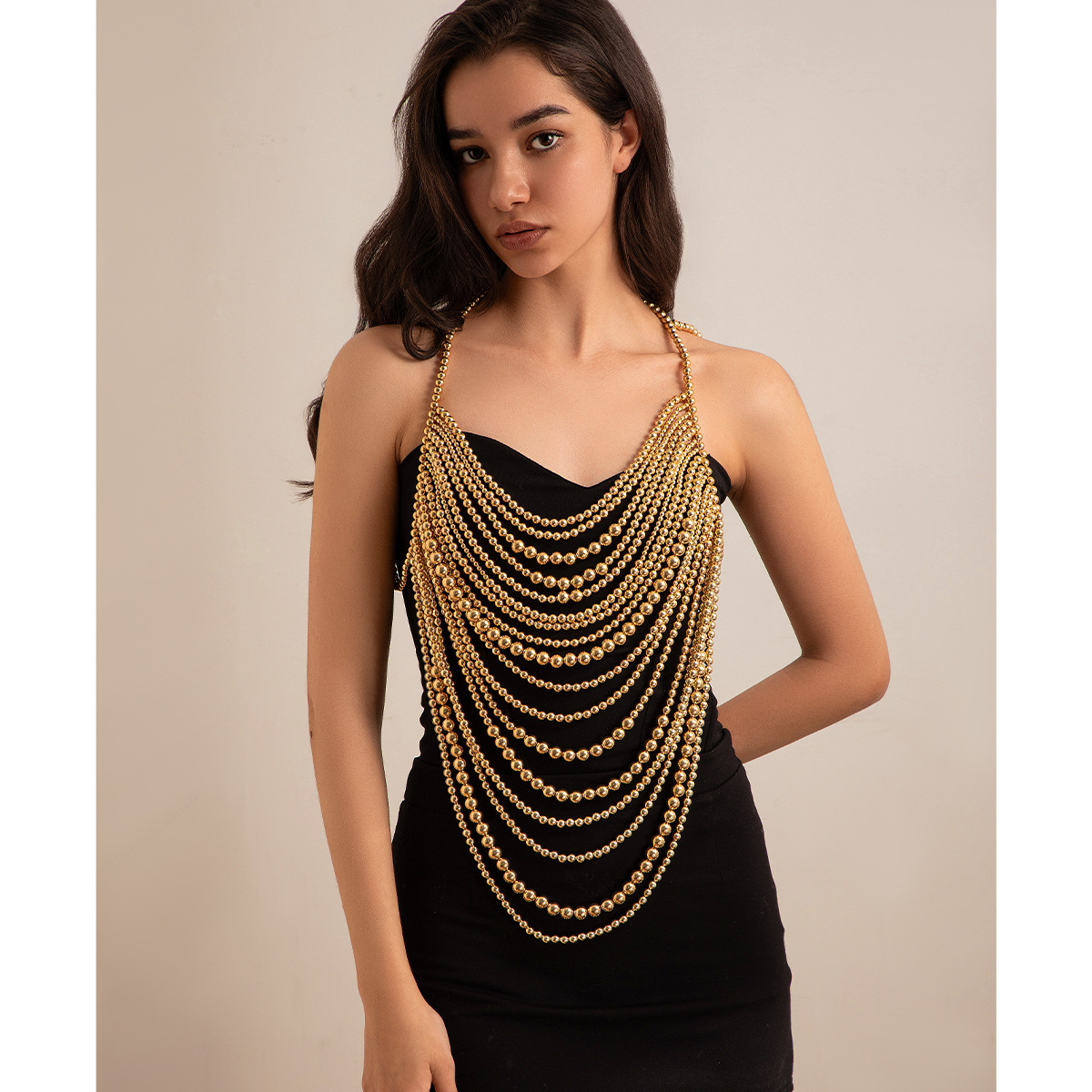 European and American cross-border jewelry multi-layer imitation pearl black chain woven pearl layering body chain full figure