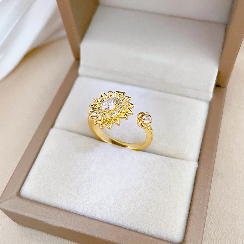 【 Real Gold 】 Light luxury flower full diamond ring with adjustable opening, simple jewelry, Japanese-style ring couple rings details Picture