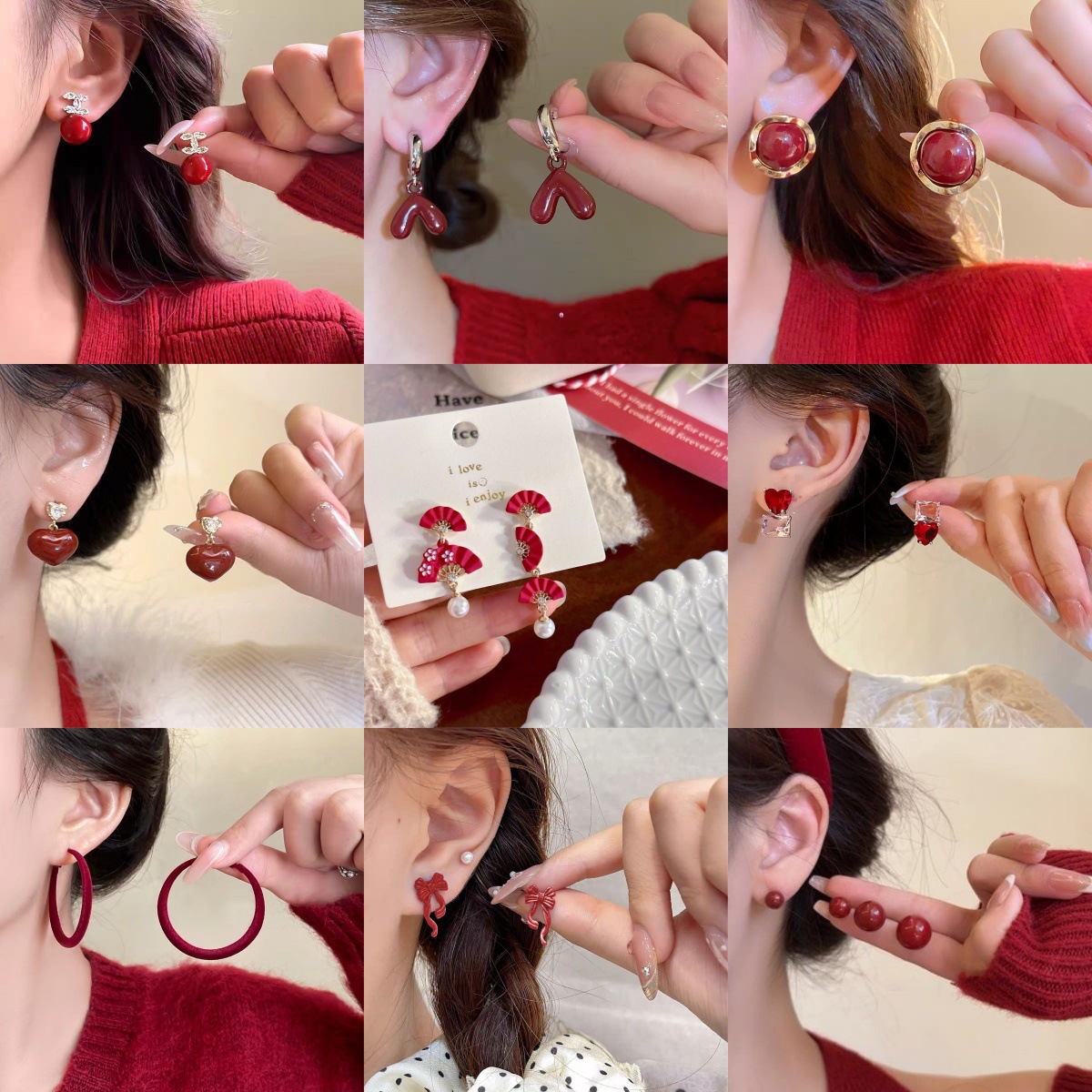 "Encore Red!" Hong Kong-style retro stud earrings are versatile, high-end, light luxury and niche design earrings and earrings full figure