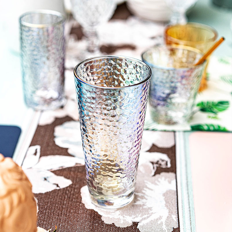 Relief glass cups, heat-resistant tea cups for restaurants, transparent gilded milk water cups, creative golden edge hammer-patterned cups wholesale Specification drawing