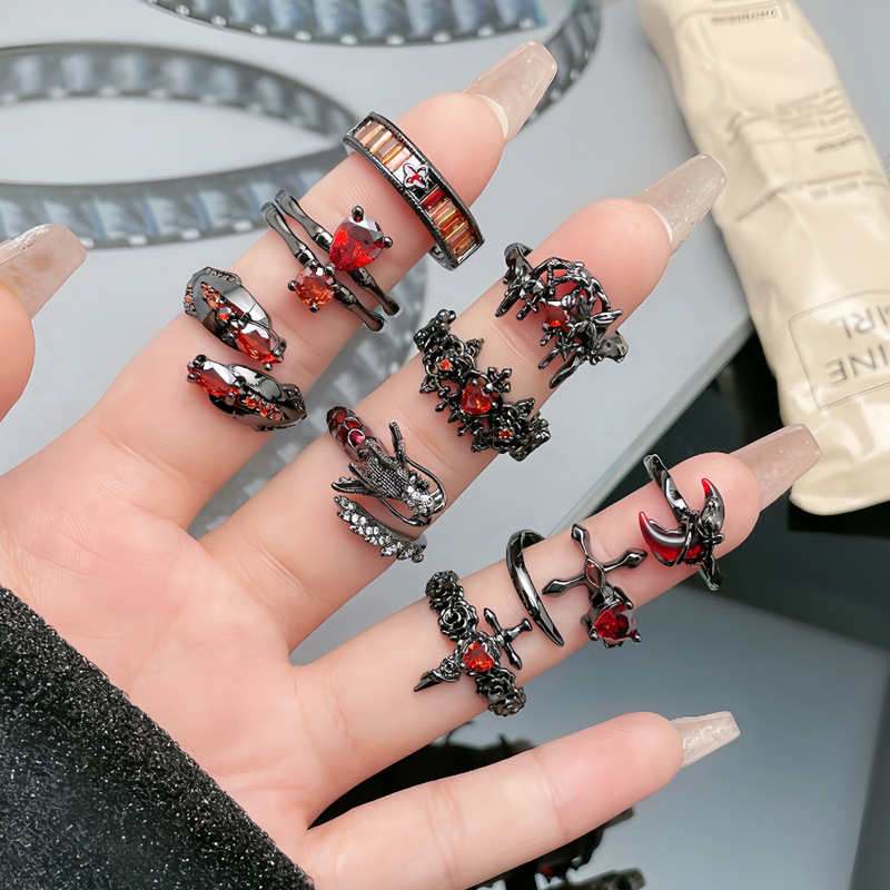 Punk dark style individual red diamond open ring, gender-neutral style, spicy girl layering, unique and niche design index finger ring full figure
