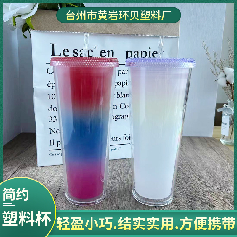 New wholesale double-layer plastic cups with straws, PS gift cups, temperature-sensitive gradient color beverage straws, color-changing cups full figure