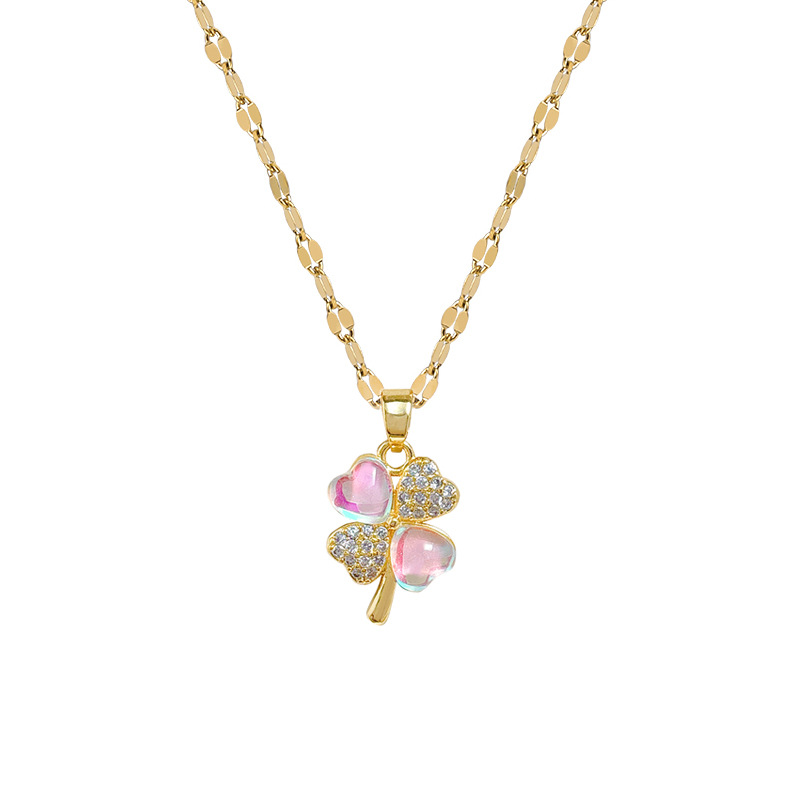 【 Titanium Steel 】 Aurora Clover Style Slightly Set Diamond Necklace, a delicate female style Instagram influencer collarbone chain accessory Item Picture
