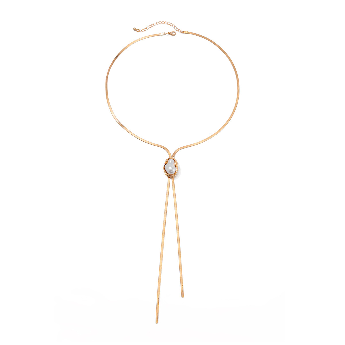 European and American cross-border jewelry, Spicy Girl Y-shaped metallic collarbone chain, ins style inlaid pearl flat aluminum chain necklace Item Picture
