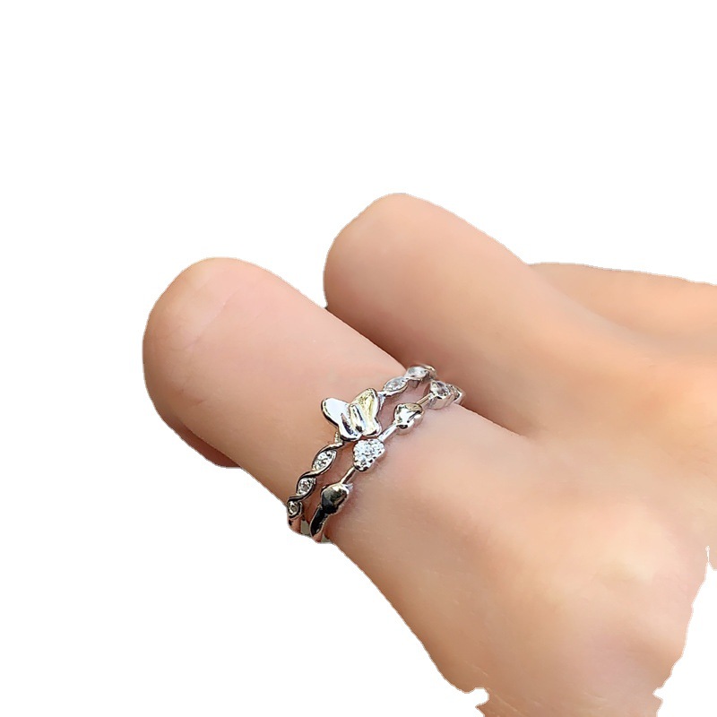 A simple and cold style, slightly inlaid heart-shaped butterfly opening ring, stacked with a delicate, fashionable and high-end niche design ring Item Picture