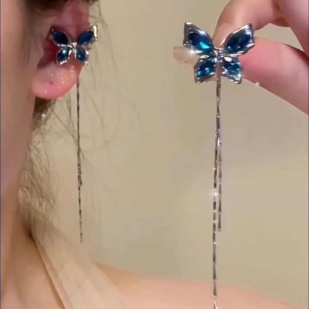 New blue zircon butterfly ear bone clip earrings without ear piercings, a light luxury and high-end, niche ear-clip style for women full figure