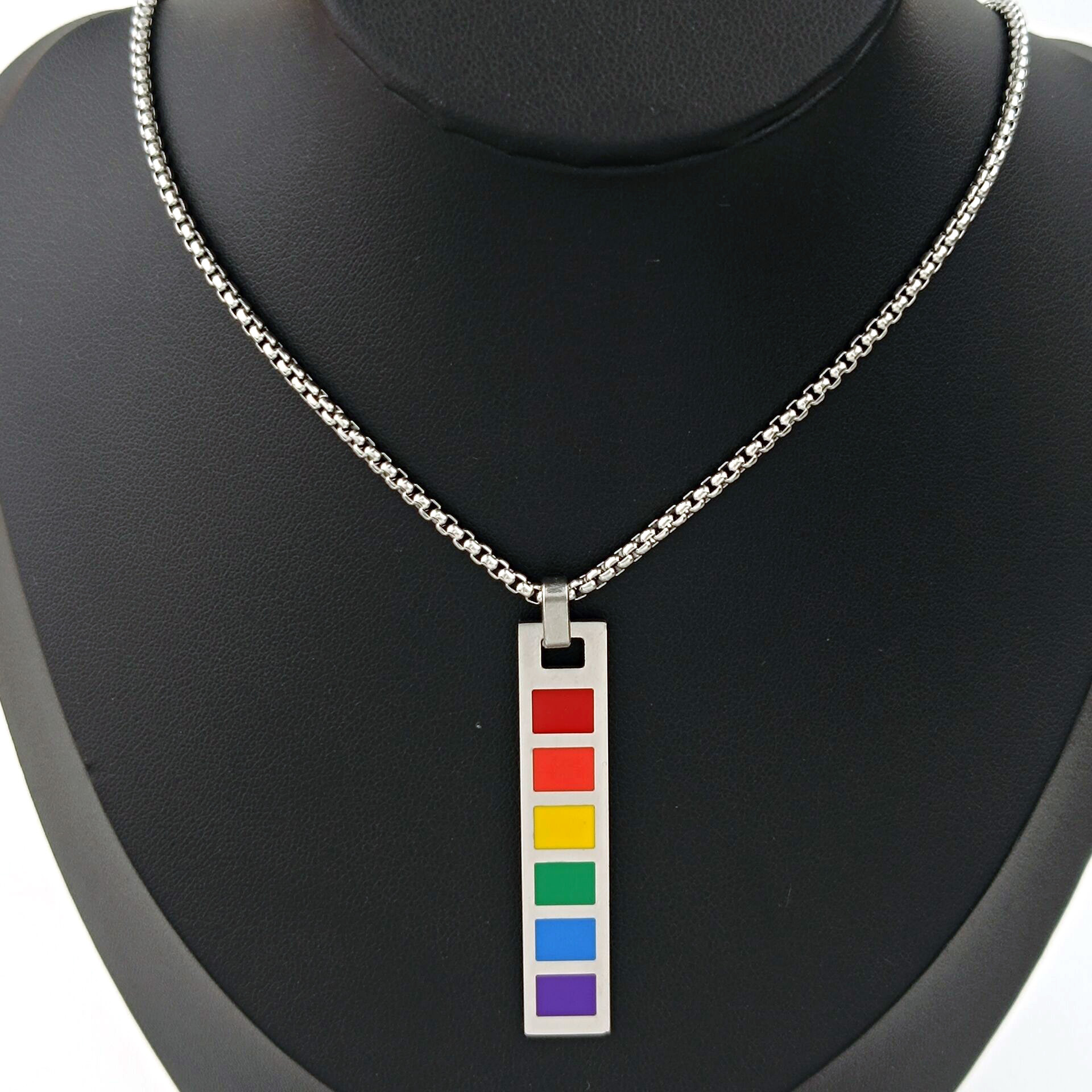 Cross-border best-selling rainbow striped pendant, retro and personalized, trendy men's stainless steel rainbow square pendant accessory necklace Application Scenario
