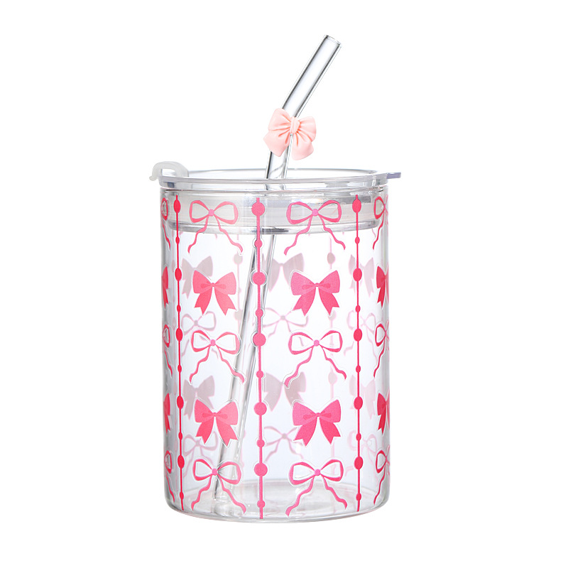 Large-capacity ins high appearance level Internet celebrity pattern high borosilicate girlish heart bow, fresh and light straw souvenir cup Item Picture
