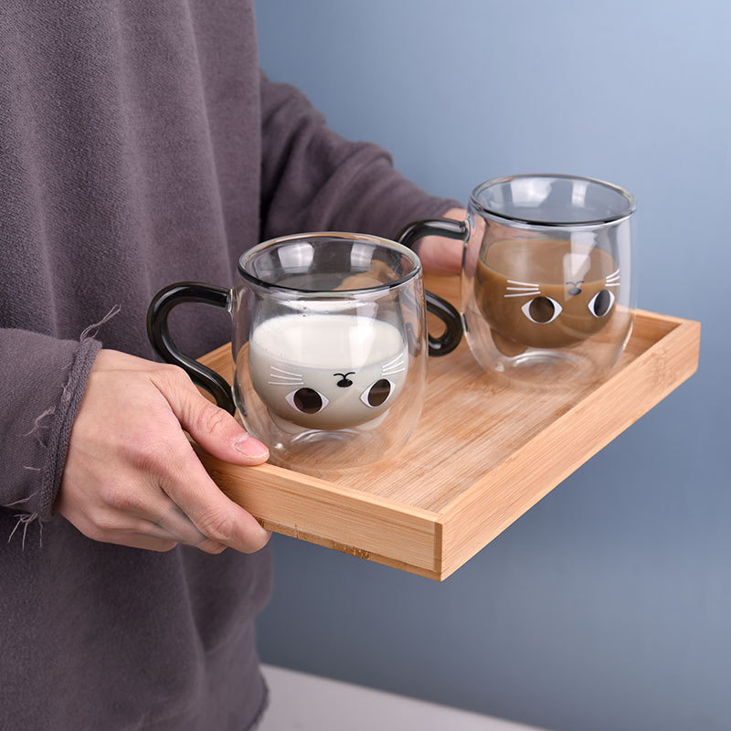 Creative cartoon kitten water cup with handle, transparent glass cup, double-layer cup, heat-resistant milk cup, household breakfast cup Application Scenario