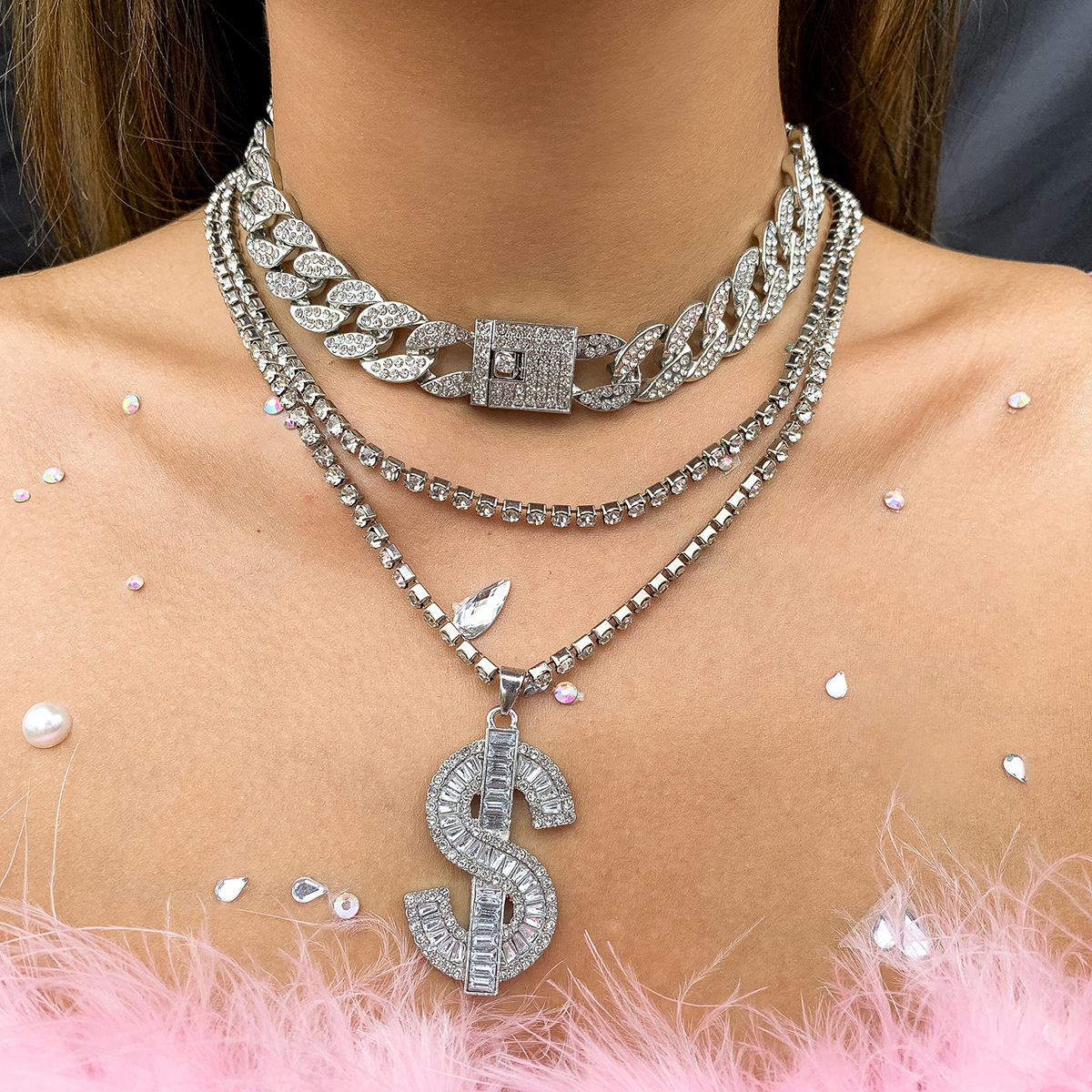 European and American cross-border accessories, punk retro dollar pendant, long diamond necklace, hip-hop super cool Cuban chain necklace full figure