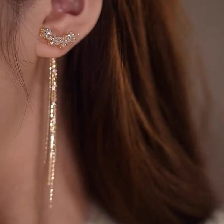 A pair of zircon five-pointed star long tassel earrings for women, fashionable, light luxury, versatile and elegant earrings and earrings details Picture