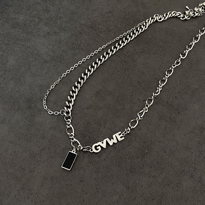 Black zircon letter spliced silver necklace for women, 2023 new hip-hop collarbone chain, Instagram niche and unique necklace details Picture