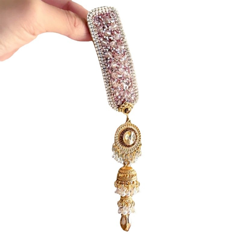 Cherry blossom pink ethnic style super sparkling water diamond wind chime tassel hair clip, exquisite retro side fringe seaside hair clip decoration hairpin Item Picture