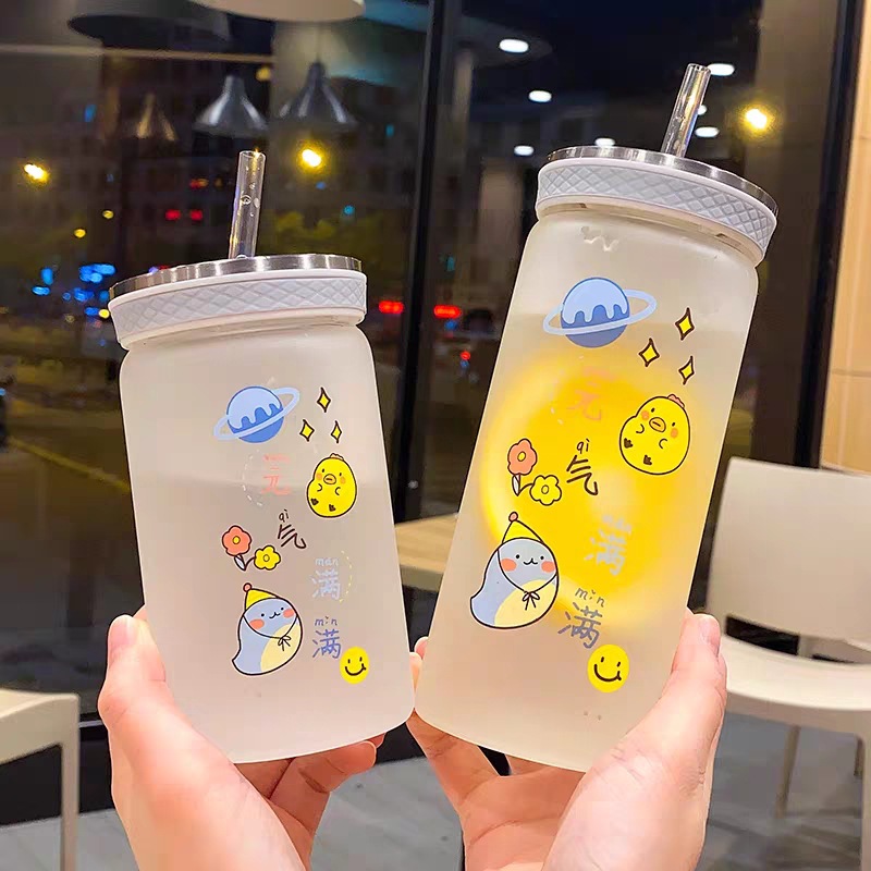 Lucky word water cup for girls, Korean version, small and cute straw cup, student, high appearance level, portable frosted glass cup Specification drawing