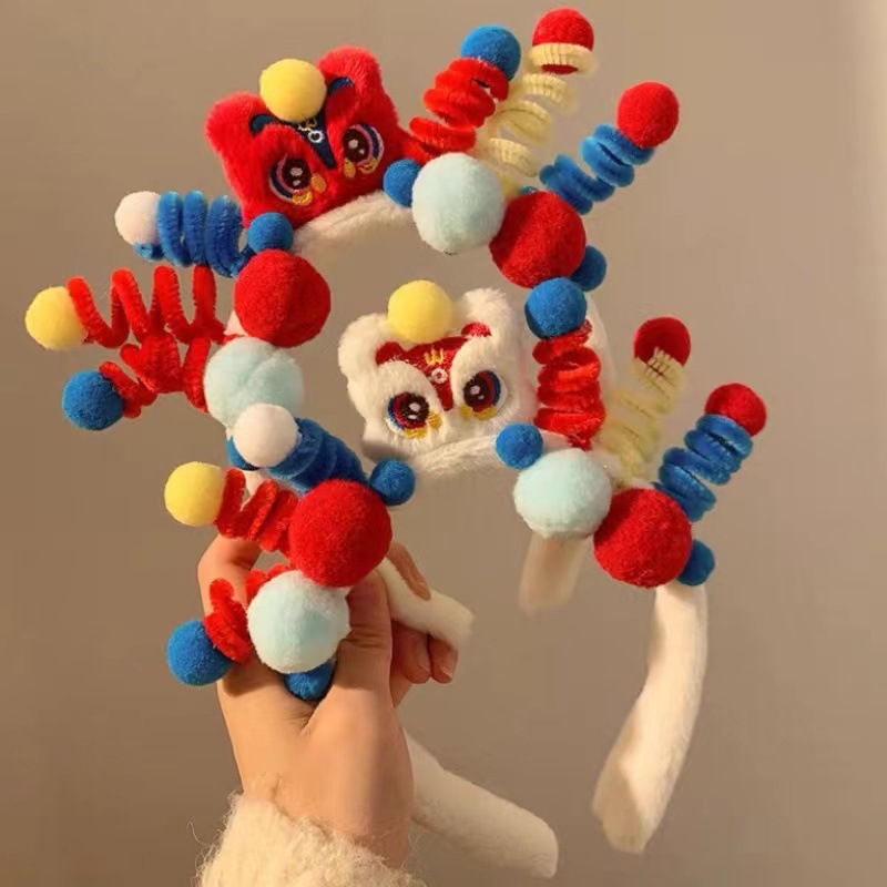 Cute lion dance twist stick children's hairband for girls 2023 new style Funny face wash mask mask plush headband hair accessory full figure