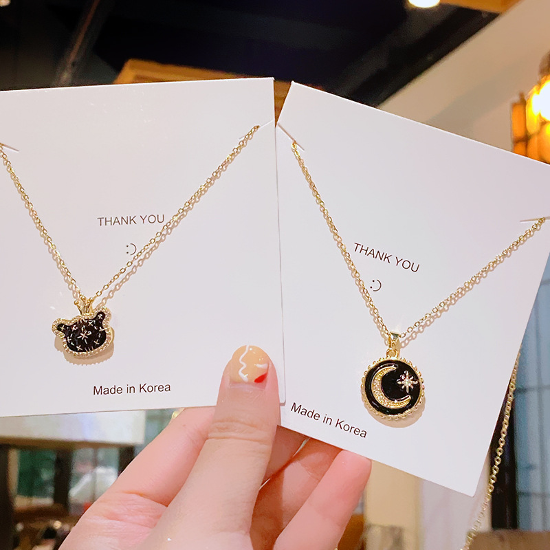 Fashionable and light luxury black bear crown necklace, female star moon element pendant, titanium steel collarbone chain full figure