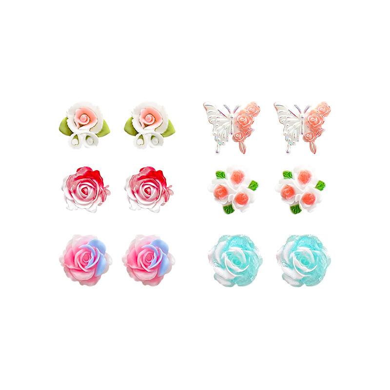 Pink flower butterfly six-piece set earrings, resin stud earrings, sweet, fresh and simple design of women's earrings Item Picture