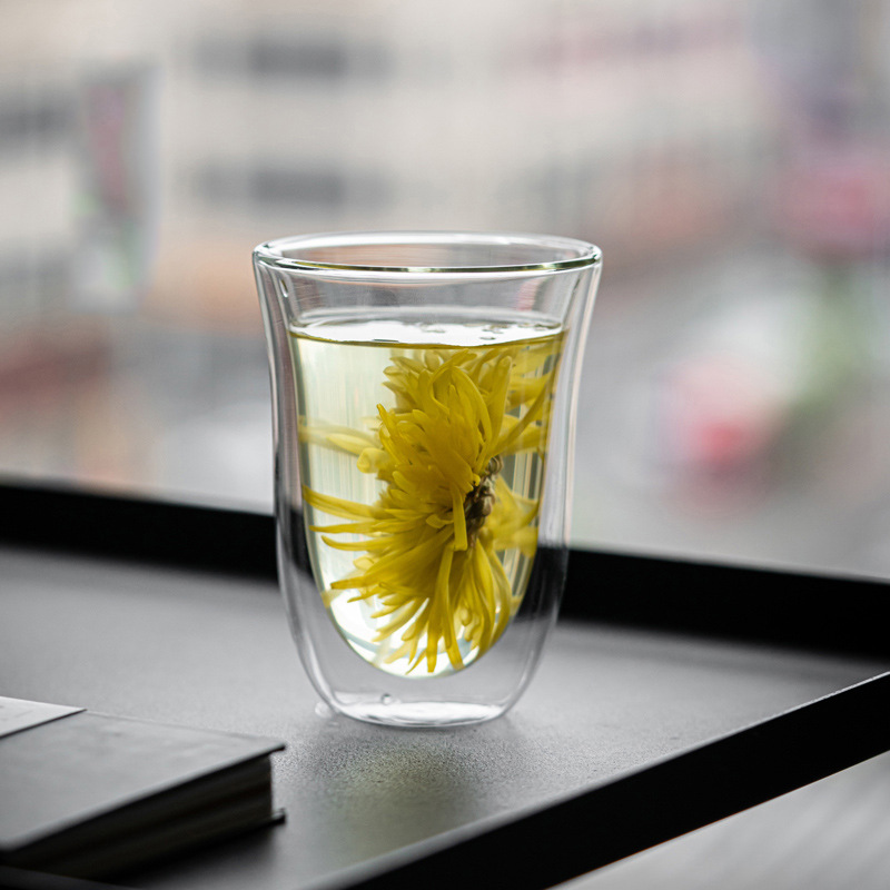 Double-layer heat-insulating and high-temperature resistant glass water cups, household transparent cups, drinking water, tea brewing cups, green tea cups, coffee cups, tea sets Specification drawing