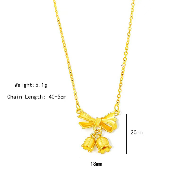 A genuine gold electroplated matte gold titanium steel necklace with a unique and light luxury feel for women. It features a lotus bow and tassel collarbone chain, making it a versatile accessory Item Picture