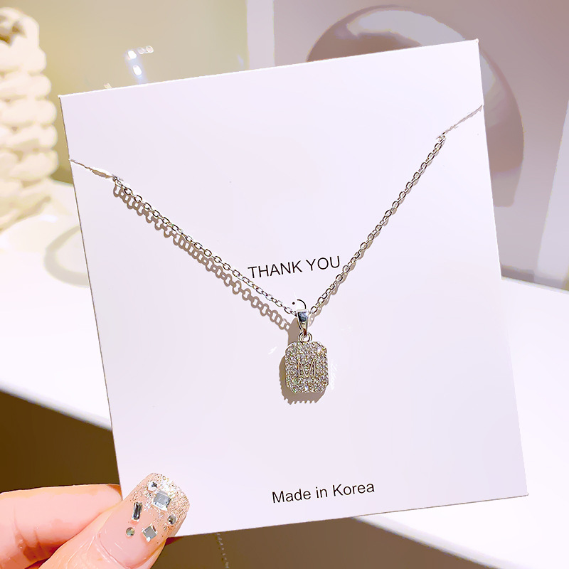 Silver M letter full diamond titanium steel necklace for women, simple and versatile, light luxury collarbone chain, stylish and trendy online celebrity accessory wholesale details Picture