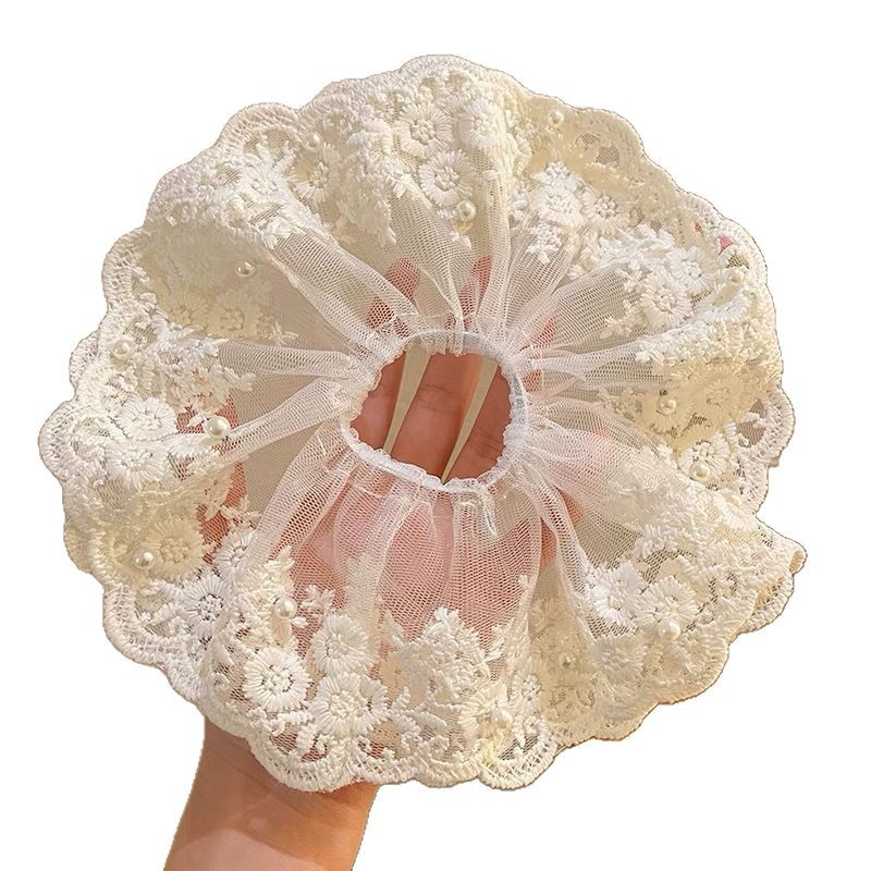 French retro sweet lace large intestine hair tie, off-white, gentle and elegant, ponytail hair tie, hair flower hair tie for women Item Picture