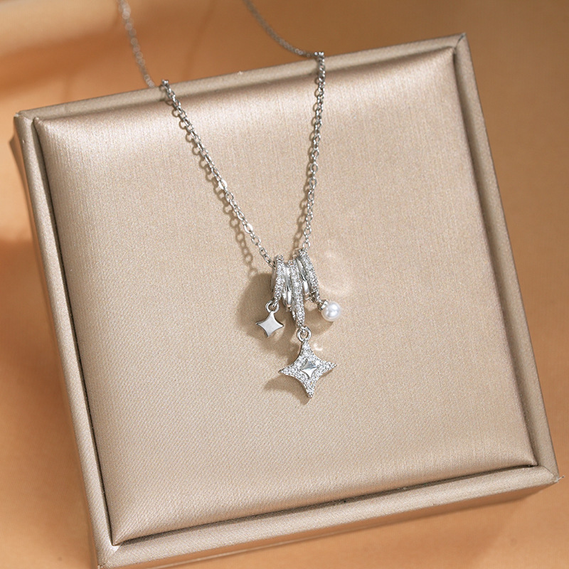 Cross-border best-selling full-diamond, small waist, tassel, star and pearl pendant, a versatile and fashionable collarbone chain zircon jewelry details Picture