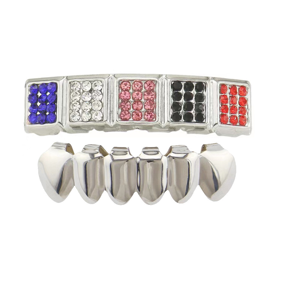 European and American fashion square 6-tooth five-color square diamond hip-hop teeth braces, Hip-hop dentures, Halloween stage show full figure
