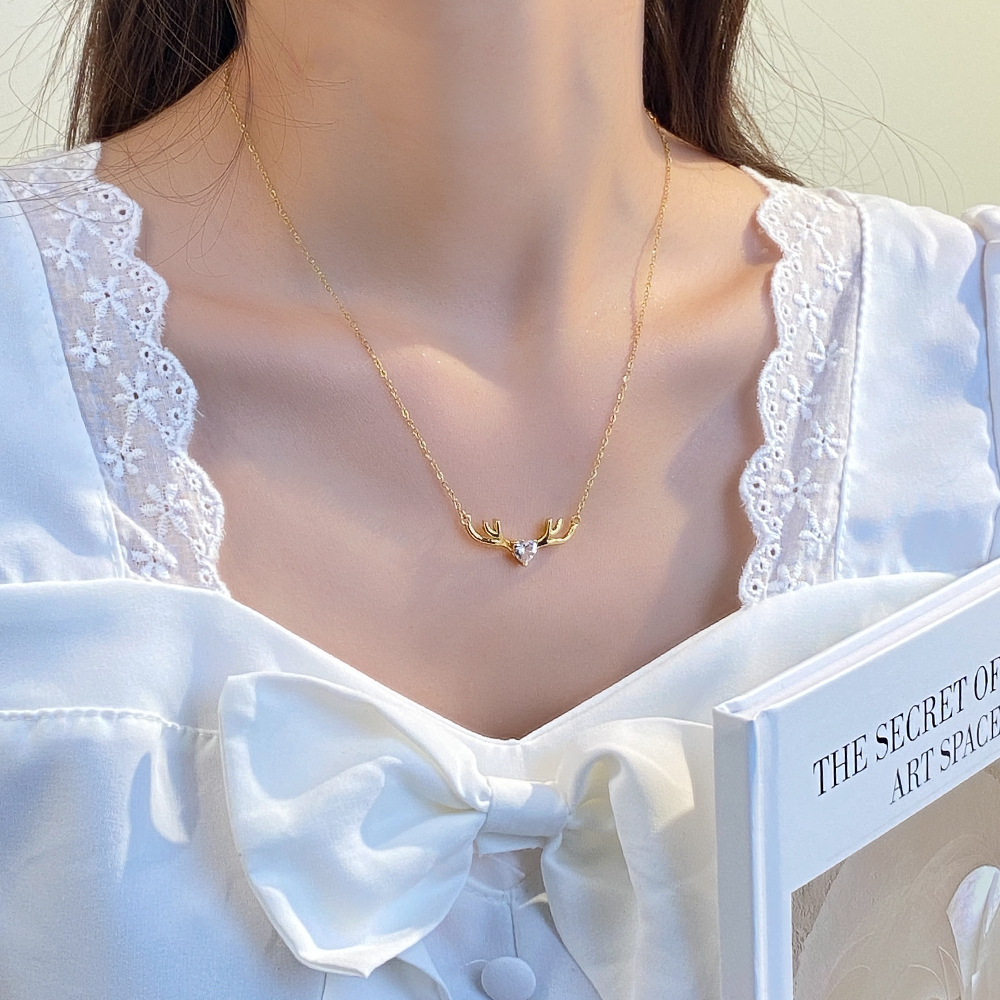 Korean-style simple antler pendant titanium steel necklace for women's fashion, versatile, internet-famous collarbone chain, niche design sense accessory Application Scenario