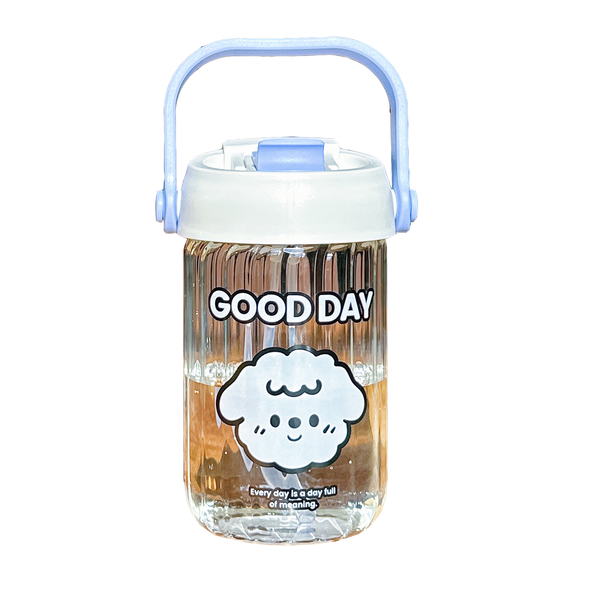 Cute cartoon glass cup, vertical pattern cartoon student double-drinking straw cup, portable hand-held girls' gift water cup, new style Item Picture