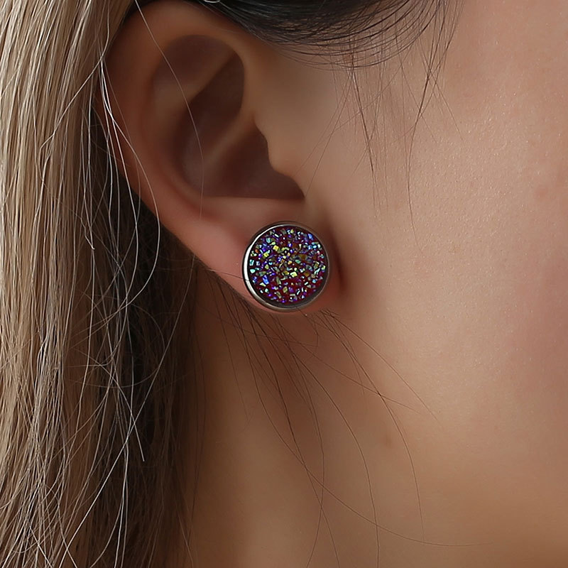 Harajuku style simple geometric round frosted dreamy starry sky time gemstone full sky stars stainless steel ear studs 12MM Specification drawing