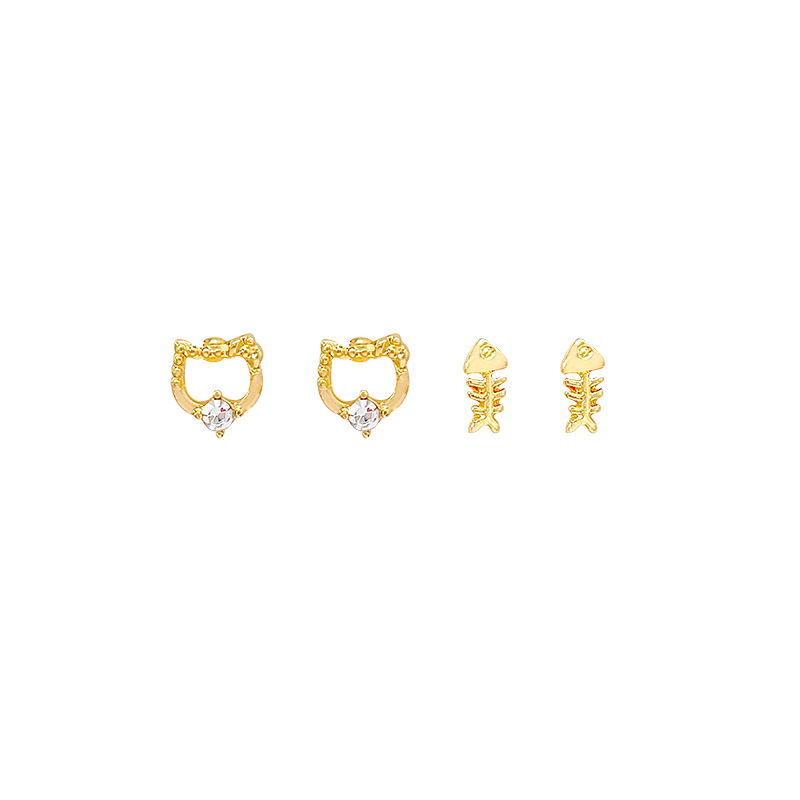 Cute cat fishbone set stud earrings for women, fashionable and high-end retro earrings, French versatile and light luxury style earrings Item Picture