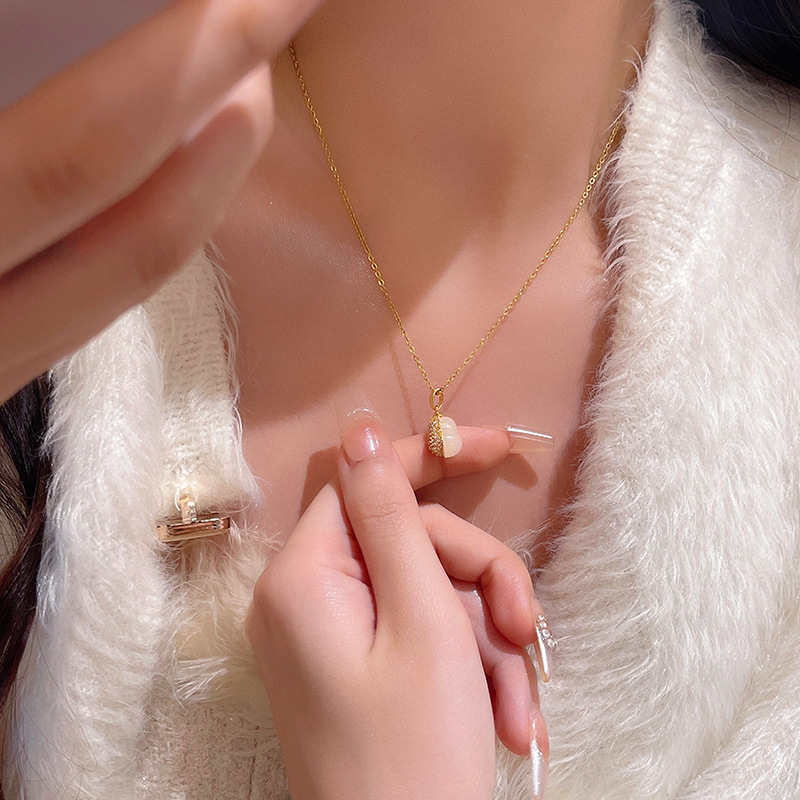 A light luxury and high-end double-sided gourd pendant titanium steel necklace, a versatile and exquisite micro-inlay collarbone chain necklace accessory details Picture