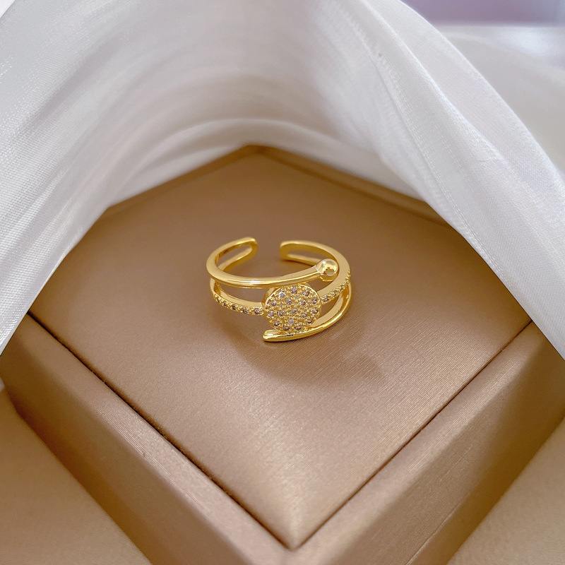 【 Real Gold 】 Round three-layer full diamond ring with adjustable opening, simple Japanese-style ring couple rings details Picture