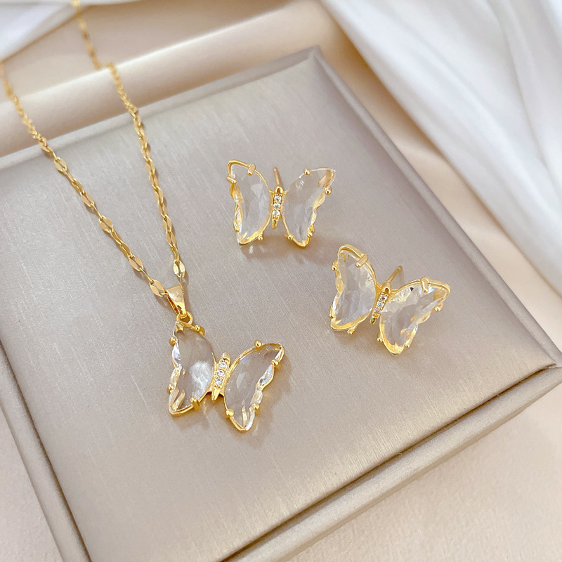 【 Titanium Steel 】 Crystal Butterfly Necklace Earrings Set, Light Luxury, micro-inlay, personalized and elegant Banquet earrings and Necklaces combination Specification drawing