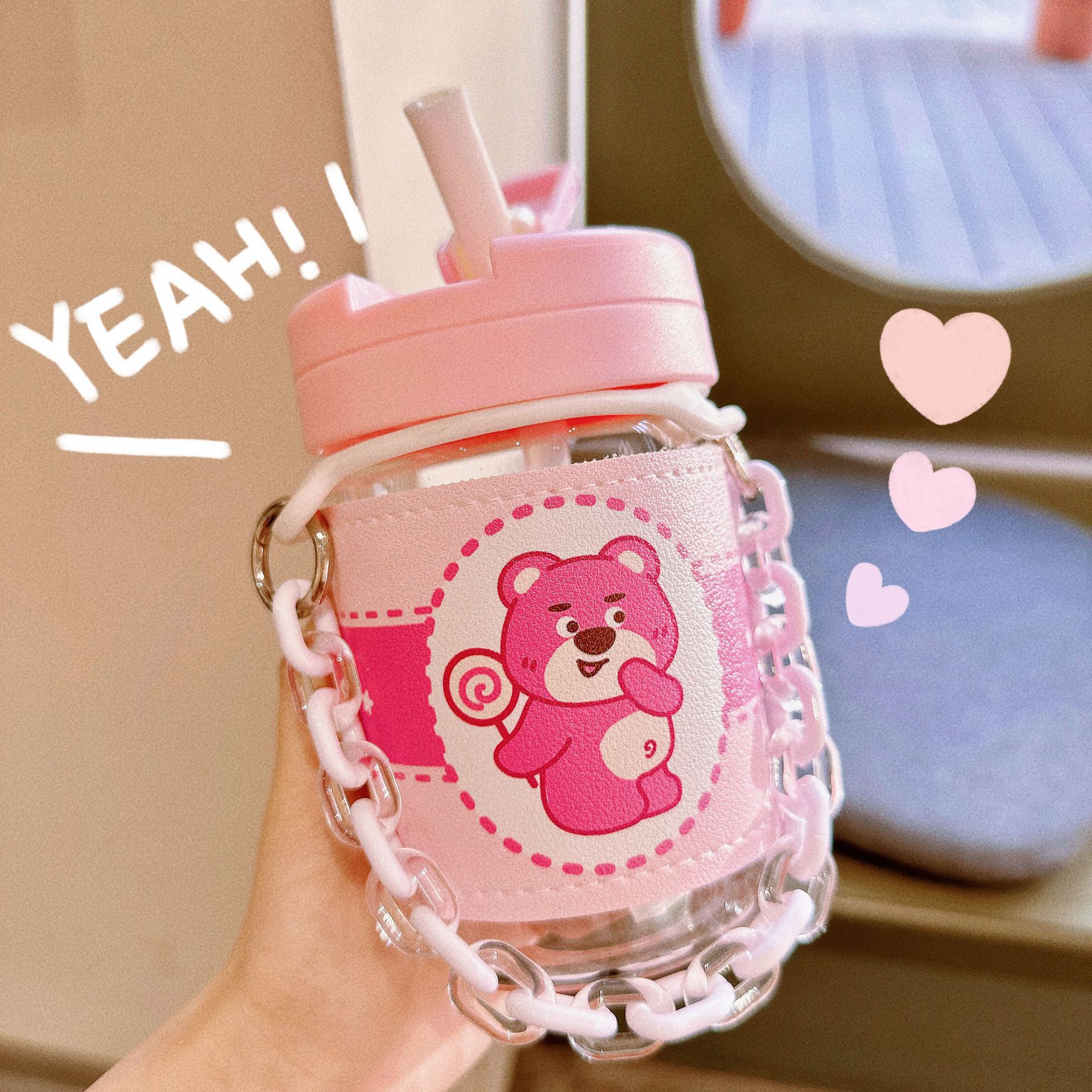 Cute girl plastic cup, high appearance level, bear pink straw cup with leather case, heat-resistant, portable girls' bracelet water cup details Picture