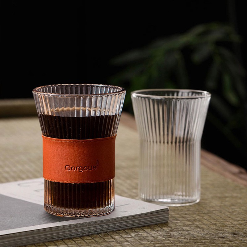 Vertical pattern high borosilicate glass single-layer cup with wooden ring insulation tea brewing cup, office large-capacity coffee and milk tea cup Specification drawing