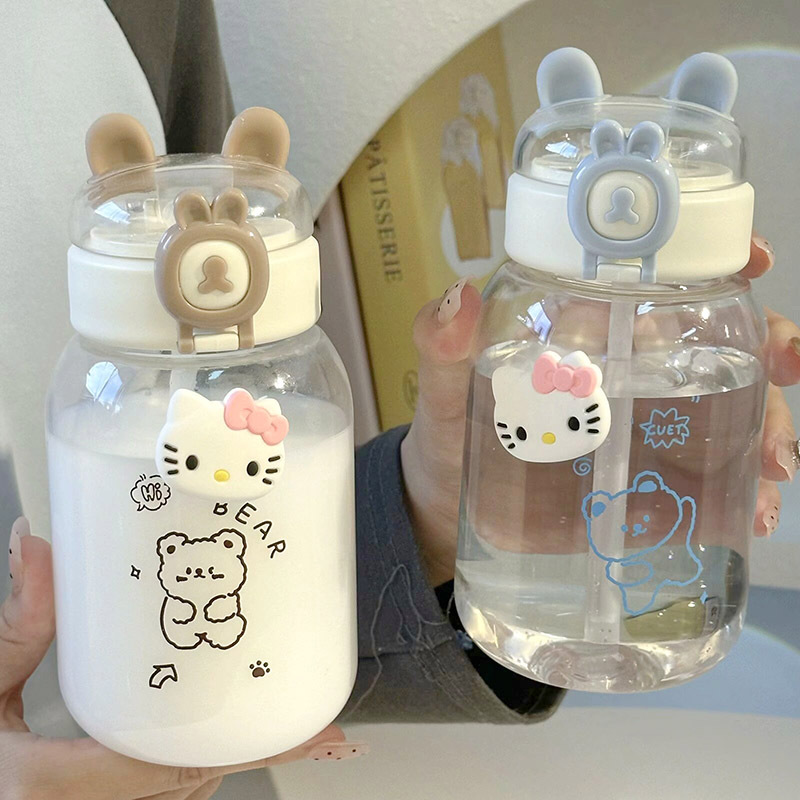 New sealed water cup for girls, large-capacity ins cute 3D sticker, portable straw cup for girls, bouncing cup full figure