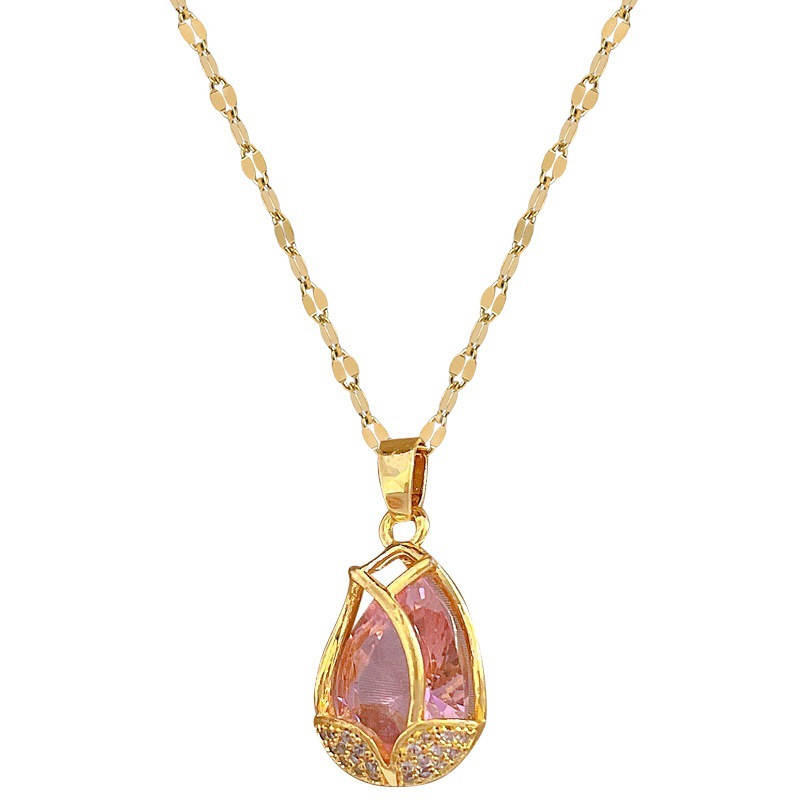 Titanium steel necklace that doesn't fade, luxurious tulip deep pink necklace, the same style as Internet celebrities, fashionable and trendy collarbone chain wholesale Item Picture